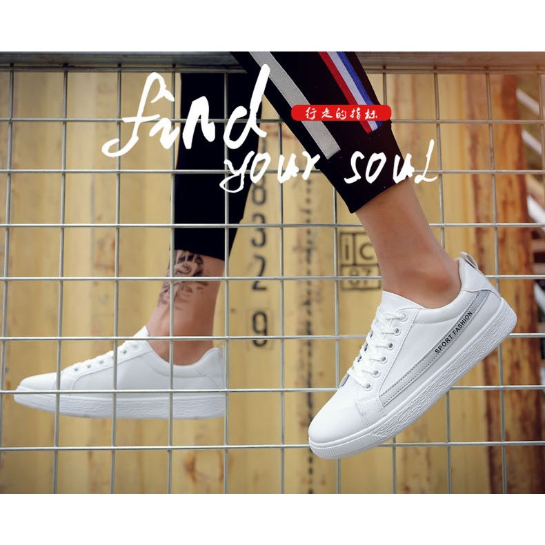 GIẦY SNEAKER DA Kẻ SPORT FASHION ( TRẮNG - GHI XÁM ) Thể Thao Nam phong cách Korea 2018