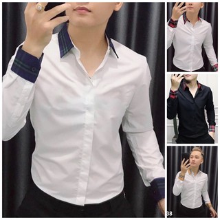ÁO SƠ MI NAM DÀI TAY TRẮNG ĐEN PHỐI CỔ VÀ TAY ÁO KATE LỤA MỀM, LỊCH LÃM FORM BODY