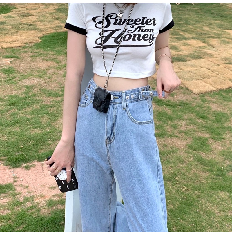 Zenme- sẵn S/M Quần jean nữ ống rộng cạp cao màu xanh nhạt, có nút điều chỉnh độ rộng chật hàng chuẩn Taobao 2022