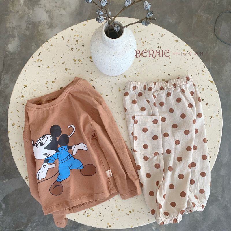 Bộ cotton dài tay thu đông họa tiết Micky, set áo thun quần dài bé gái