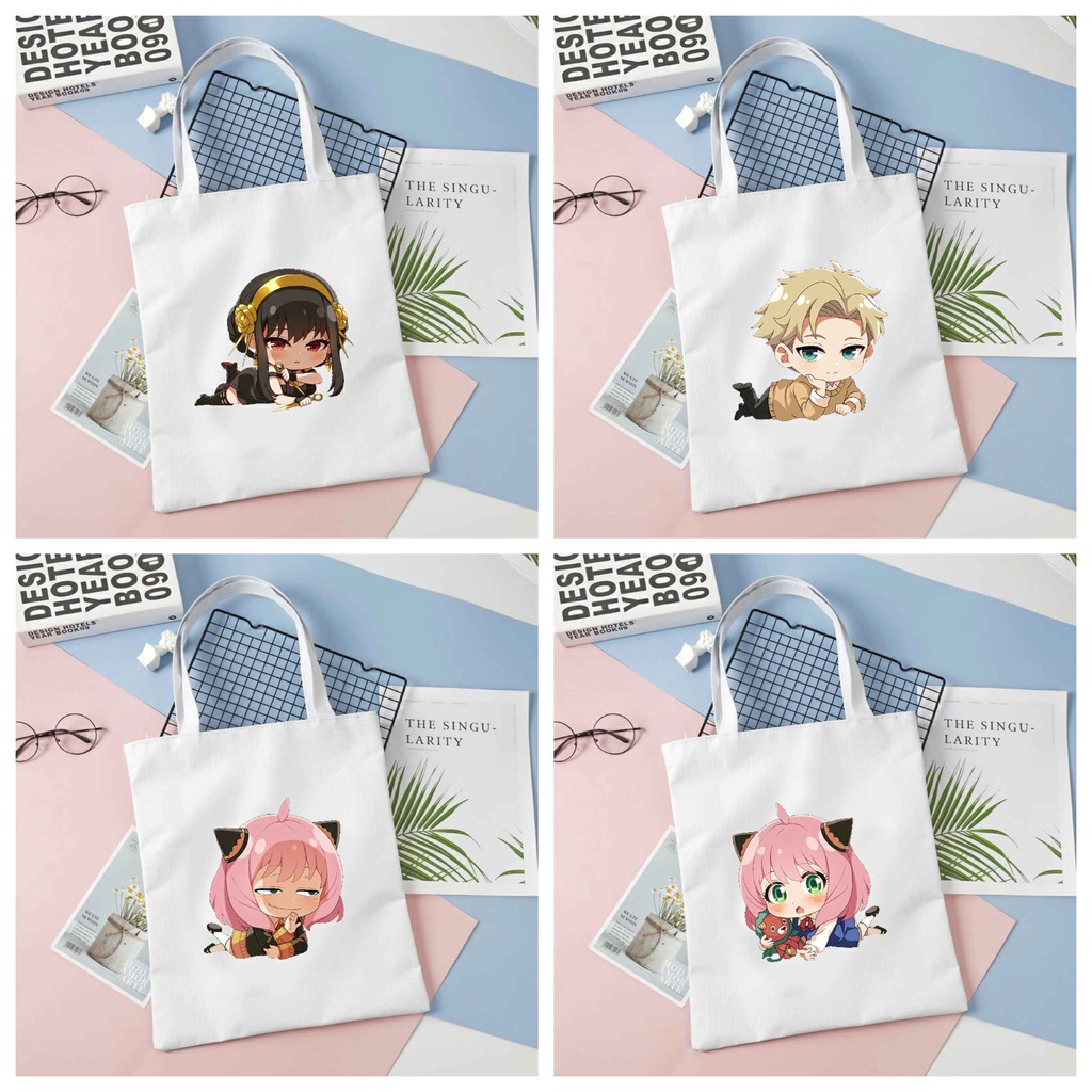 Túi tote vải đen trắng in hình SPY x Family ver nằm anime chibi dễ thương xinh xắn tiện lợi thời trang