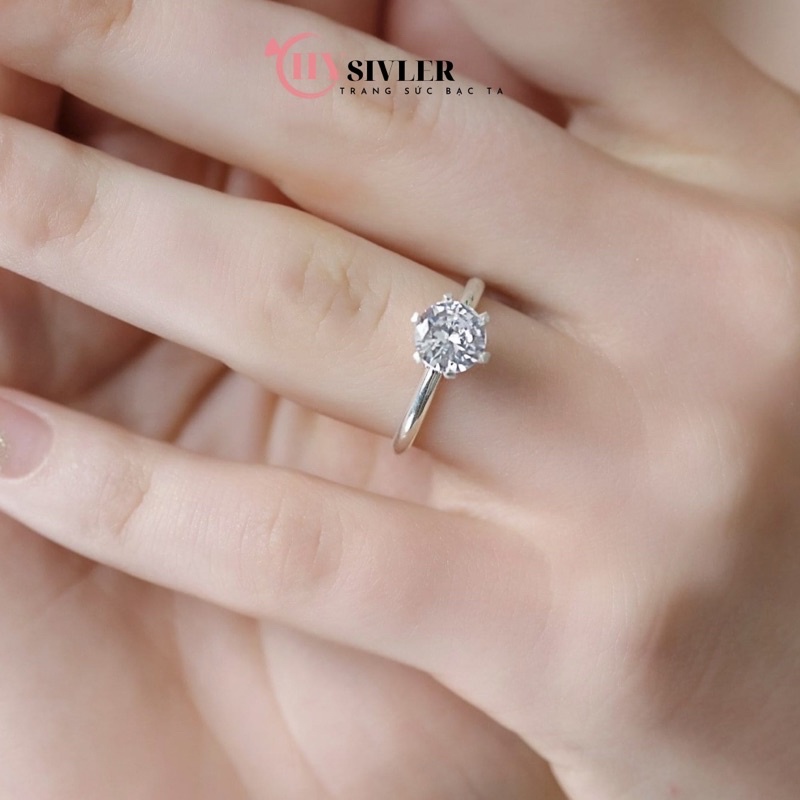 Nhẫn bạc ta trơn đá cao đá chủ 7 ly nhẫn cầu hôn nhẫn nữ bạc thật giá rẻ