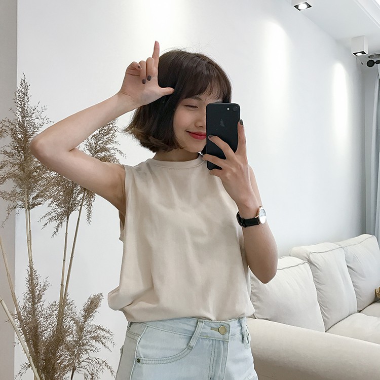Áo thun cotton không tay trơn màu đơn giản thời trang mùa hè hàn quốc dành cho nữ | BigBuy360 - bigbuy360.vn