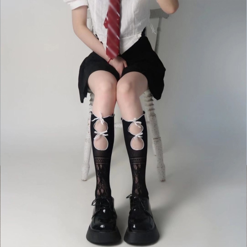 Xiangbao Vớ Ống Chân Phối Ren Rỗng Co Giãn Trang Trí Nơ Phong Cách Lolita Dành Cho Tiệc Tùng Tập Trung Hàng Ngày