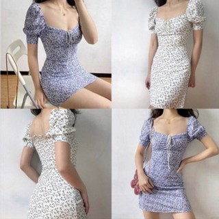 Đầm kiểu ngắn nữ ôm cổ vuông tay ngắn hoa nhí suông dáng xoè - Order taobao quảng châu