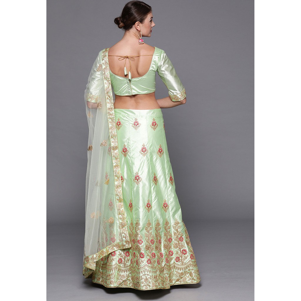 Lehenga Ấn Độ lụa thêu họa tiết hoa xanh pastel