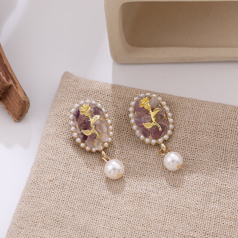 Bông tai mạ bạc 925 mặt tím hình hoa hồng đính ngọc trai thời trang sang trọng cho nữ