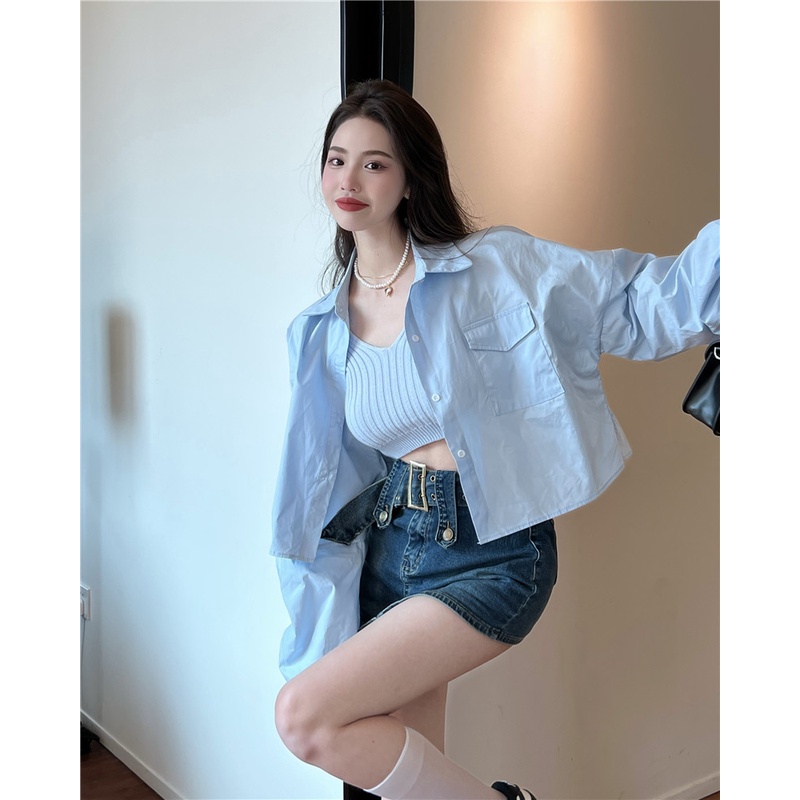 Bộ Áo Sơ Mi Dài Tay Phối Nút + Áo Khoác Dệt Kim Không Tay Xinh Xắn