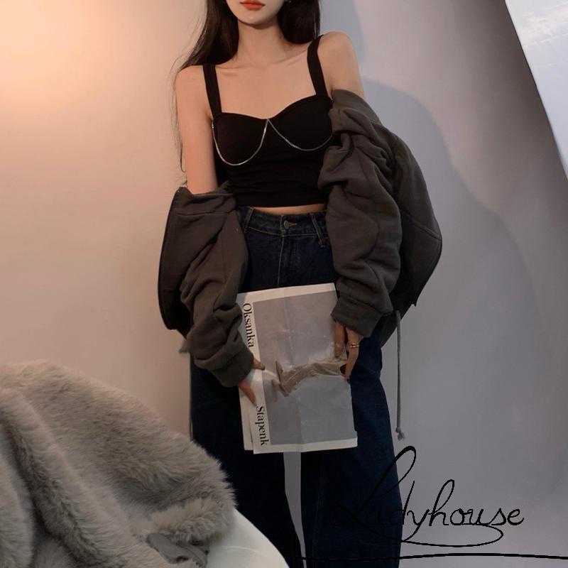 Áo Croptop Không Tay Đệm Mút Màu Trơn Có Dây Xích Kim Loại Cho Nữ