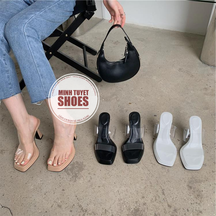 guốc nữ cao gót minhtuyetshoes đế 9cm đúp mũi vuông quai ngang trong suốt êm chân mẫu mới 2023