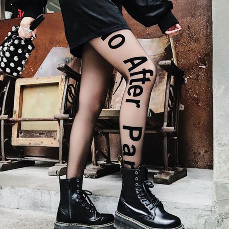 Youyo Quần Tất Mỏng Co Giãn Màu Đen In Chữ No After Party Vui Nhộn Phong Cách Punk Cho Nữ