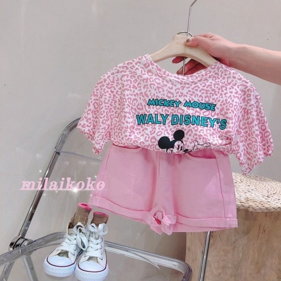 Set Áo Thun Ngắn Tay In Họa Tiết Da Báo + Quần Short Thời Trang Mùa Hè Cho Bé Gái