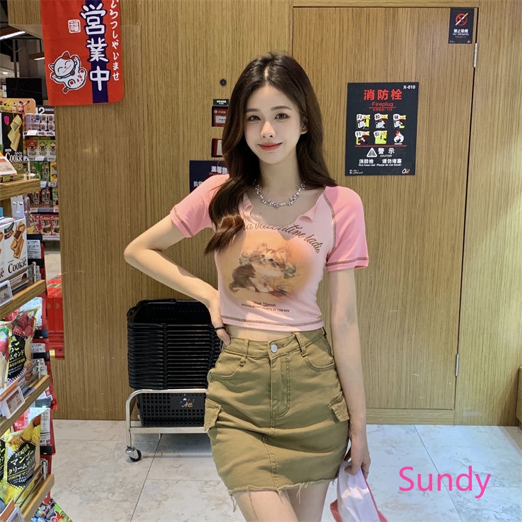 Plus Áo Croptop Tay Ngắn Cổ Chữ V In Hình Mèo Phong Cách Vintage Thời Trang Mùa Hè Cho Nữ Có Size Lớn