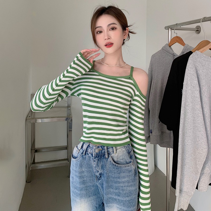 Áo Dệt Kim Nữ Trễ Vai Tay Dài Kẻ Sọc Thời Trang Hàn Quốc