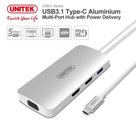 Cáp Chuyển USB 3.1 Type-C có phân phối điện sang (1 cổng USB Type-A + 2 cổng HDMI + VGA 1 cổng)