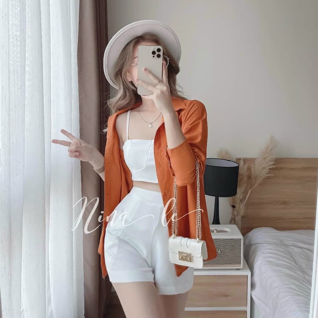 Set 3 Món Áo Sơ Mi Tơ Xước Và Quần Ngắn Kèm Áo Trong Có Mút Ngực Rose Fashion