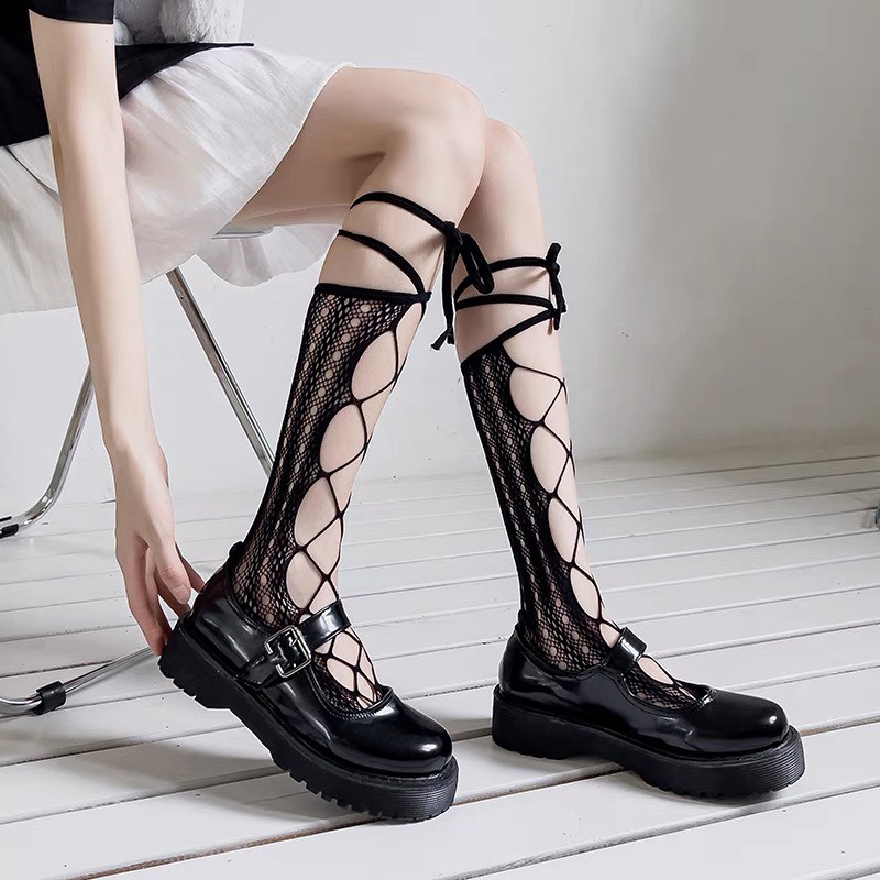 Tất nữ ren lưới buộc dây phong cách LOLITA Vớ dưới gối