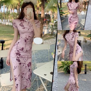 [Order] Sườn xám cách tân hoa nhí dáng lỡ tay ngắn. Đầm body xẻ tà