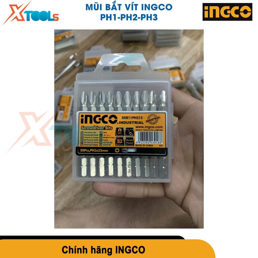 Mũi bắt vít INGCO đầu vít PH1-PH2-PH3 dài 25mm, chất liệu thép công nghiệp S2 mạ niken không gỉ [CHÍNH HÃNG][XTOOLS]