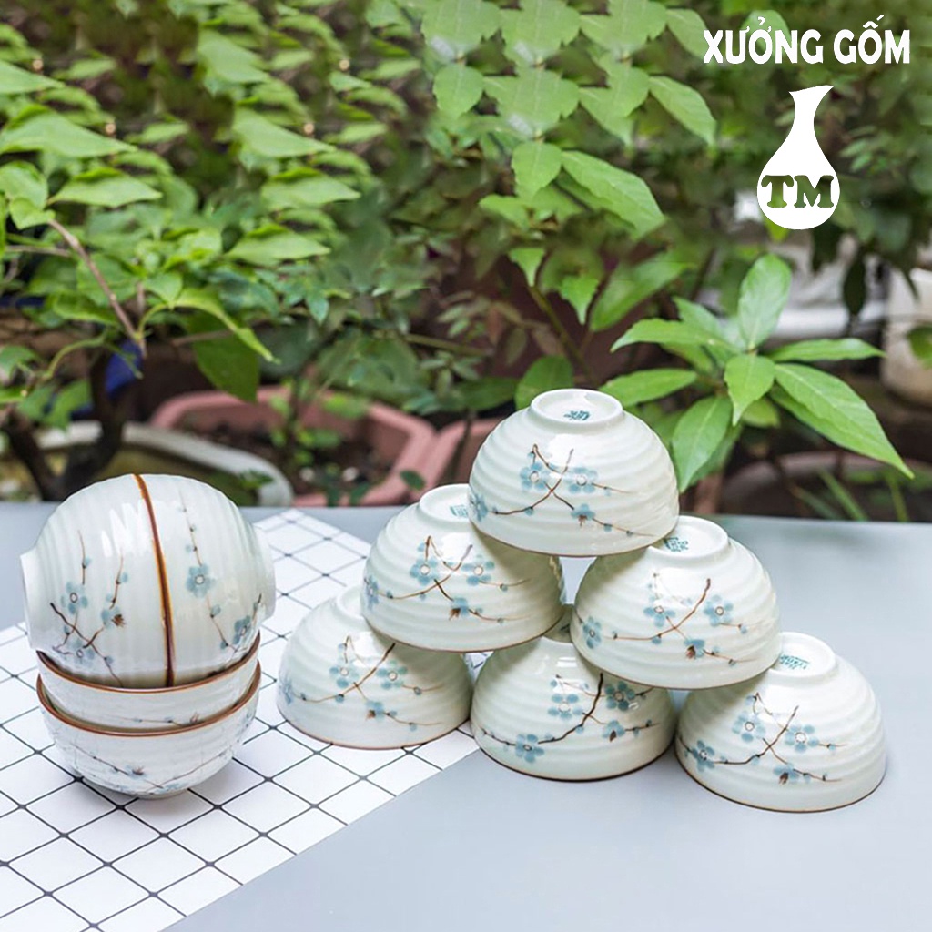 Bộ 06 Bát Chén Ăn Cơm Men Kem Hoa Đào Xanh Vẽ Tay Xưởng Gốm TM Bát Tràng
