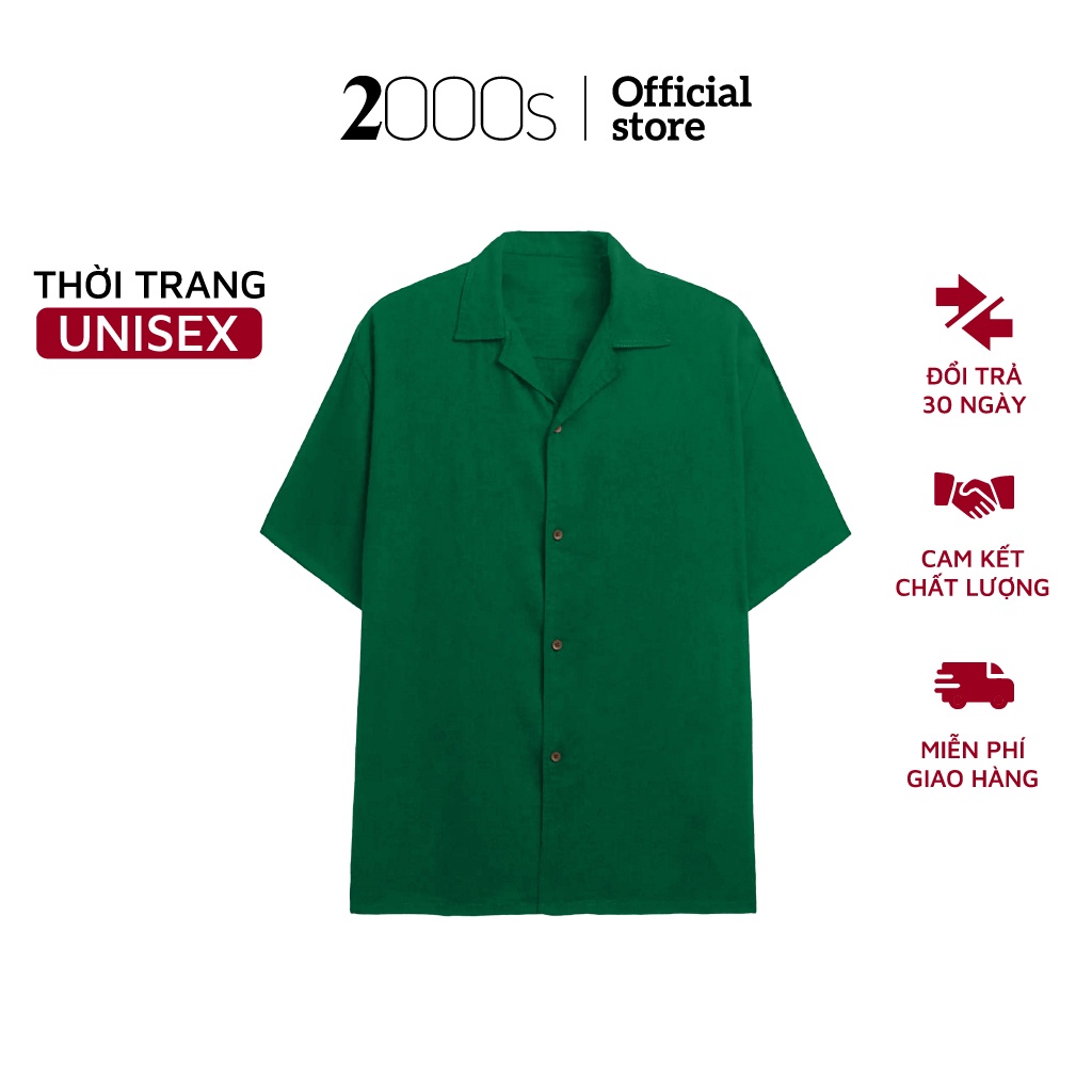 Áo sơ mi tay ngắn màu xanh lá, thiết kế form rộng thoáng mát thương hiệu 2000s Store