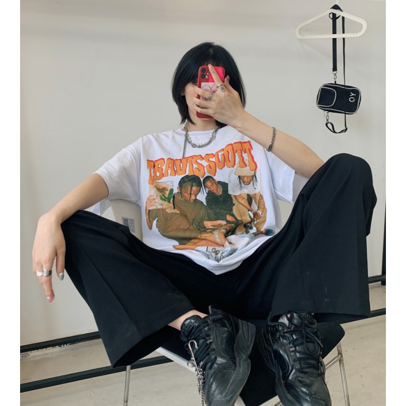 Áo thun tay ngắn dáng rộng in họa tiết phong cách hip hop cá tính thời trang dành cho các cặp đôi