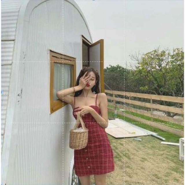 Đầm Xòe 2 Dây Kẻ Caro Đỏ Dáng Chữ A Hở Lưng Buộc Nơ -karul.