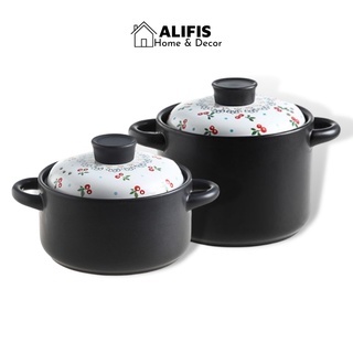 Nồi sứ , nồi hầm cháo cho bé dùng được trên bếp ga nắp trắng họa tiết Cherry Alifis