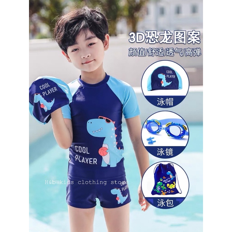 Bộ Đồ Bơi Bé Trai 2 Màu In Khủng Long Đeo Kính (TẶNG MŨ) Size 8-20kg