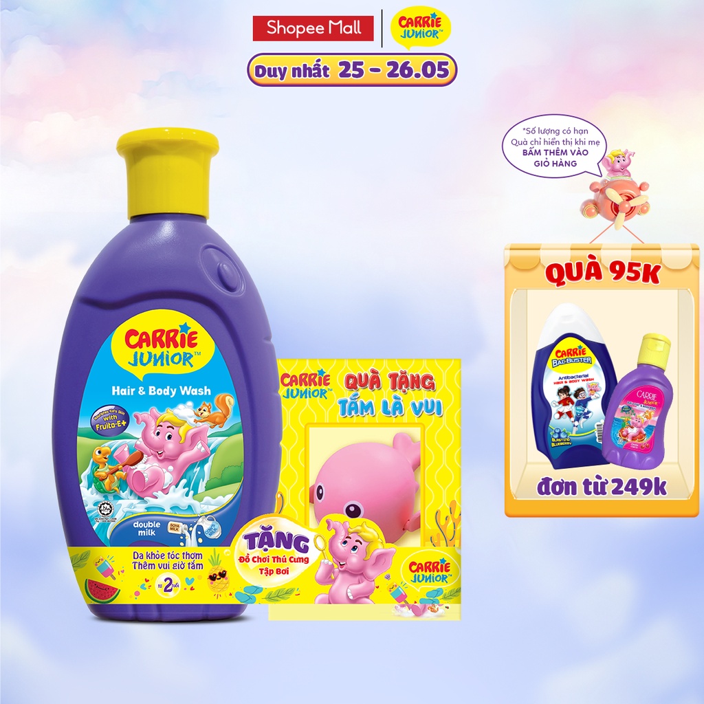 Chai Sữa Tắm Carrie Junior Hương Tinh Chất Sữa 280g + thú tắm đồ chơi