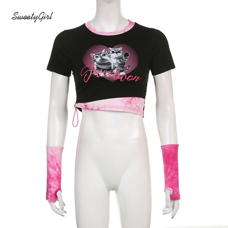 Áo Thun Ngắn Tay Cổ Tròn In Họa Tiết Mèo Hoạt Hình Phối Màu Tương Phản Thời Trang Cho Nữ 2022