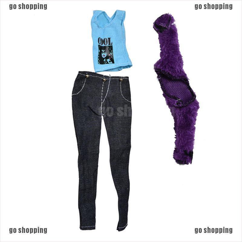 {go shopping}3 Pcs/Set Fur Coat Suit for Barbie Dolls Black Pants Fur Purple Coat Fashion Kid