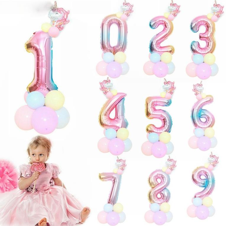 Combo 12Bóng+Số kèm Pony Màu Cầu Vồng Dùng Trang Trí Tiệc Sinh Nhật