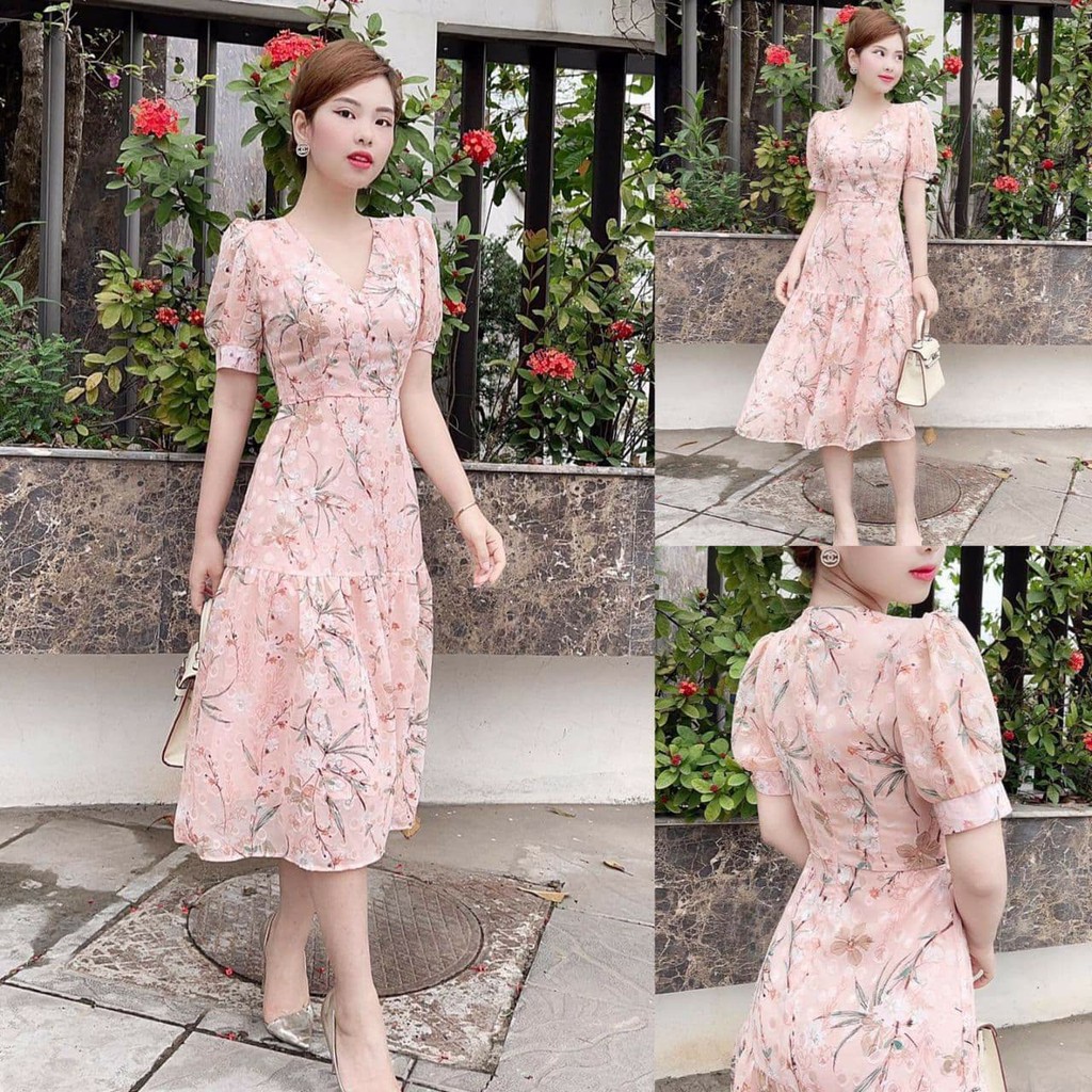 Đầm thiết kế chất voan lụa phối hoa lá nhẹ nhàng thanh lịch V1894 _Zin Boutique_Dress Design