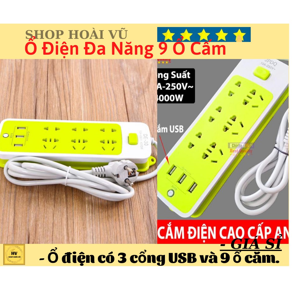 Ổ Điện Đa Năng 3 Cổng USB và 9 Ổ Cắm Chống Giật-K434