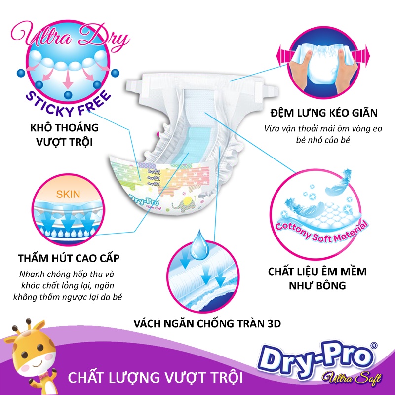 Tã/bỉm dán Dry-Pro siêu mềm nhập khẩu Malaysia size L (9kg - 13kg) - Gói 20 miếng