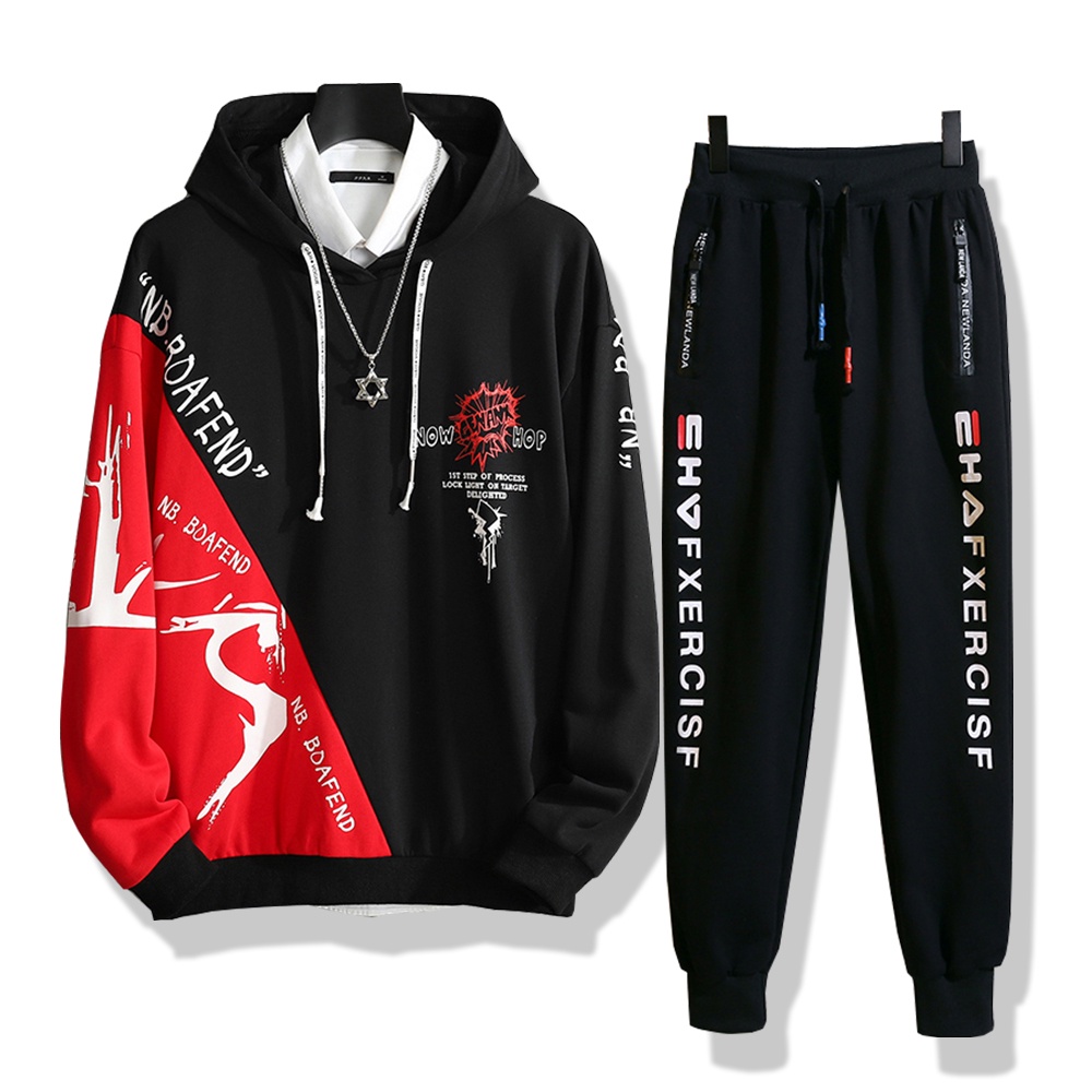 Bộ Quần Áo Nỉ Hoodies Nam Phối Hai Màu Cá Tính Quần In Họa Tiết Trẻ Trung Thời Trang Thu Đông SET NAM 9000084