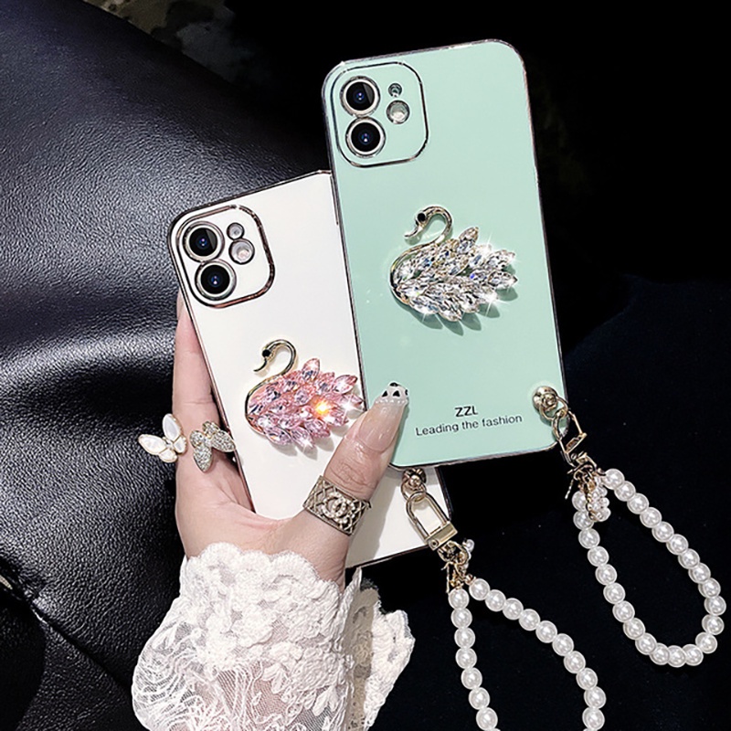 Ốp Điện Thoại Hình Thiên Nga Đính Kim Cương Giả Kèm Dây Đeo Cho Apple iphone 13 12promax iphone 11 pro max