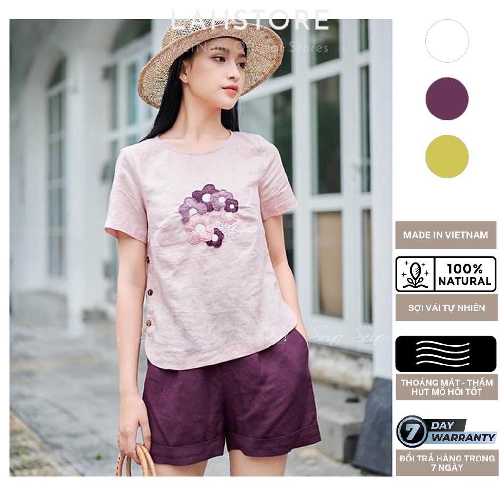 Đồ bộ nữ 𝐋𝐀𝐇𝐒𝐓𝐎𝐑𝐄 vải linen tưng - Áo ngắn tay cổ tròn thêu hoa & Quần short ống rộng lưng thun (Tím)
