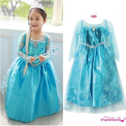 Trẻ Em Bé Gái Trang Phục Công Chúa Elsa Áo Dài Lưới Bông Tuyết Tay Dài Cổ Tròn Cho Bé 3-8 Tuổi