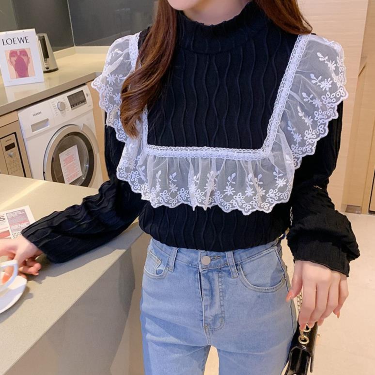 Siêu SALE Áo sơ mi cổ trụ pha ren bèo trắng nhiều màu