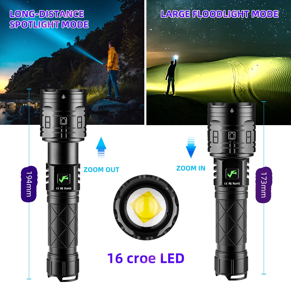Đèn pin Xhp160 LED siêu sáng 100000LM 5 chế độ chống thấm nước có thể sạc lại bằng cổng USB