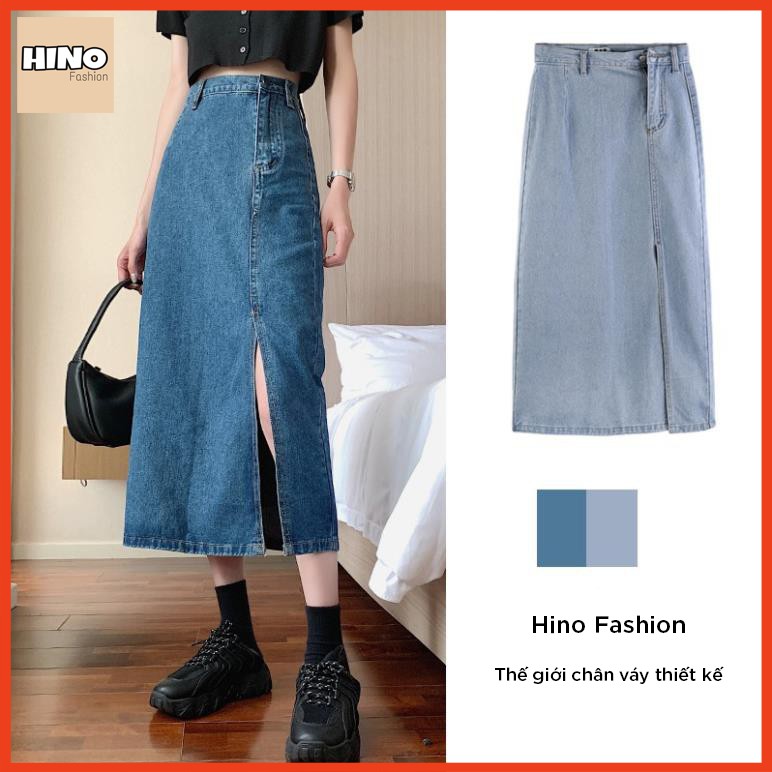 Chân Váy Dài, Chân Váy Denim Chữ A Lưng Cao Xẻ Tà Phong Cách Hàn Quốc - HINO