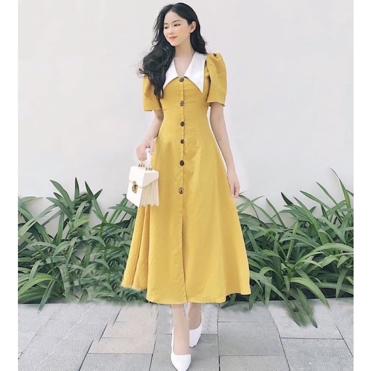 Đầm cổ trắng nút trước 4 màu