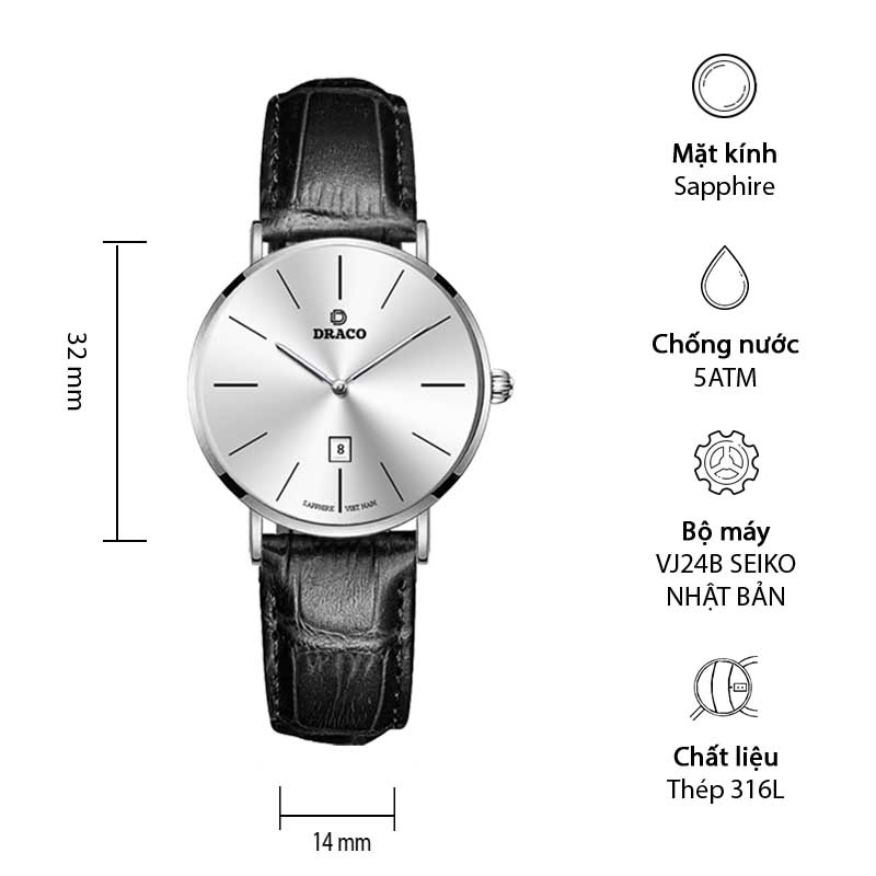 Đồng hồ nữ Draco D22-STN02 &quot;Classic Girl&quot; trắng kết hợp chất liệu dây dây da bò màu đen-phụ kiện thời trang nữ nhẹ nhàng