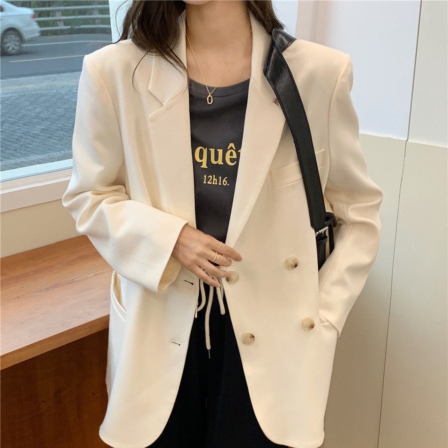Áo Khoác Blazer Hai Hàng Nút Cài Dáng Rộng Màu Be Cỡ Lớn Thời Trang Xuân Thu Cho Nữ
