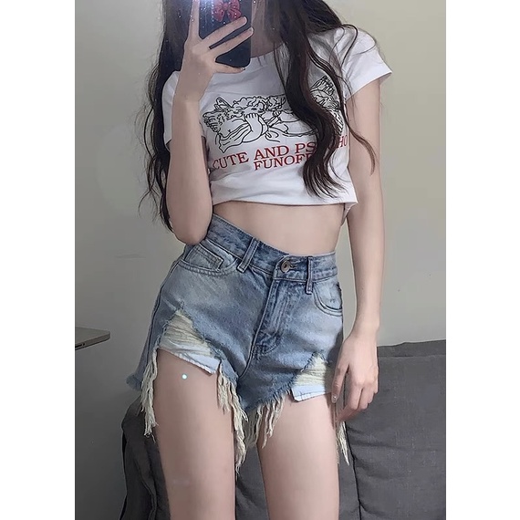 HUANG YOYO Quần Đùi Jeans Lưng Cao Phong Cách Hàn Quốc Thời Trang Cho Nữ