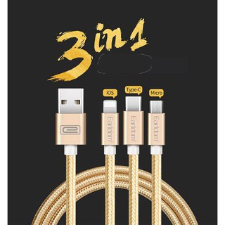 Cáp sạc 3 đầu , Dây sạc dù chống đứt Earldom 3 IN 1 tiện dụng -1,2M