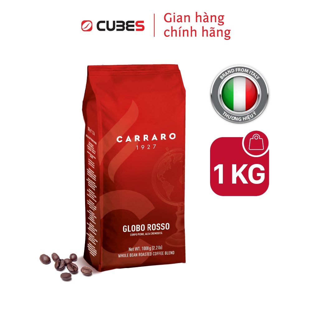 Cà phê hạt Carraro Globo Rosso - Nhập khẩu từ Ý - Vị đậm đà từ quả phỉ và vị sô cô la dịu nhẹ