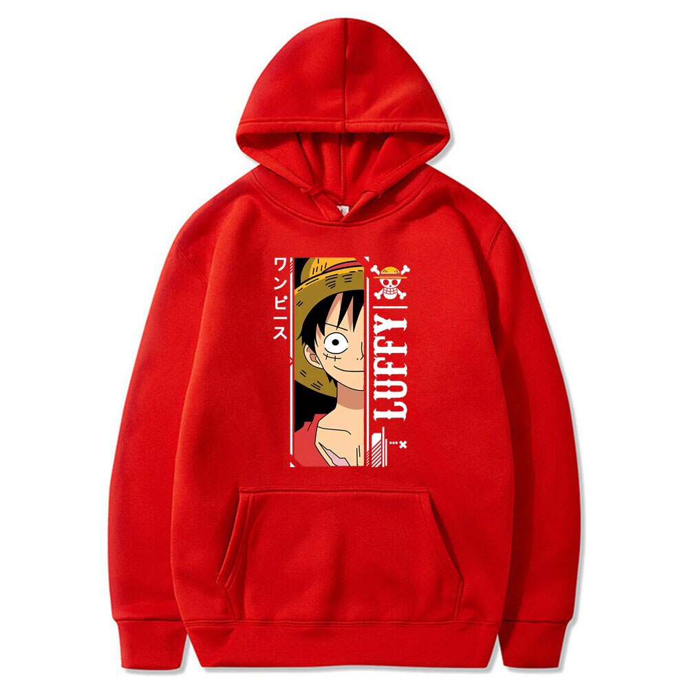 Áo hoodie chui đầu tay dài dáng rộng lót nhung in hình nhân vật One Piece Luffy thời trang cho nam cặp đôi
